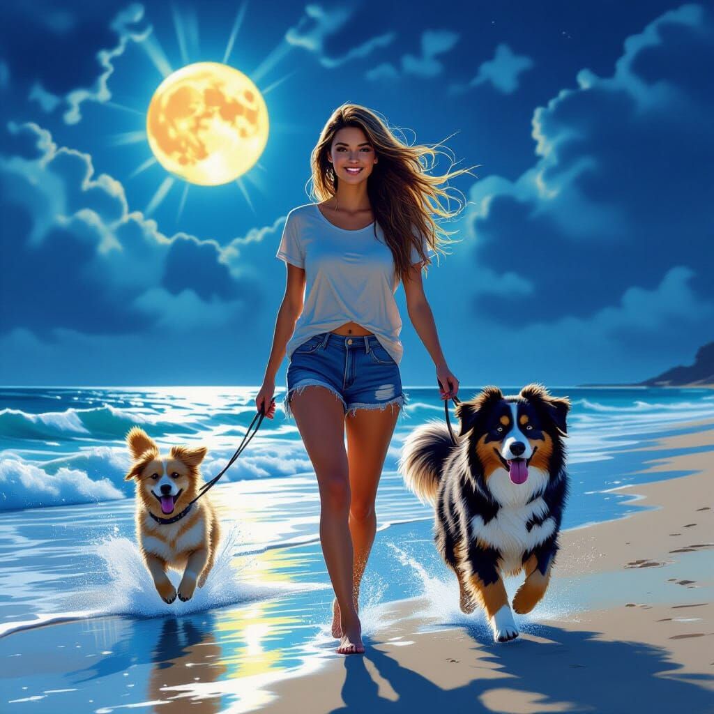 Moonlit Beach Walk with Dog in Hyperrealism Style