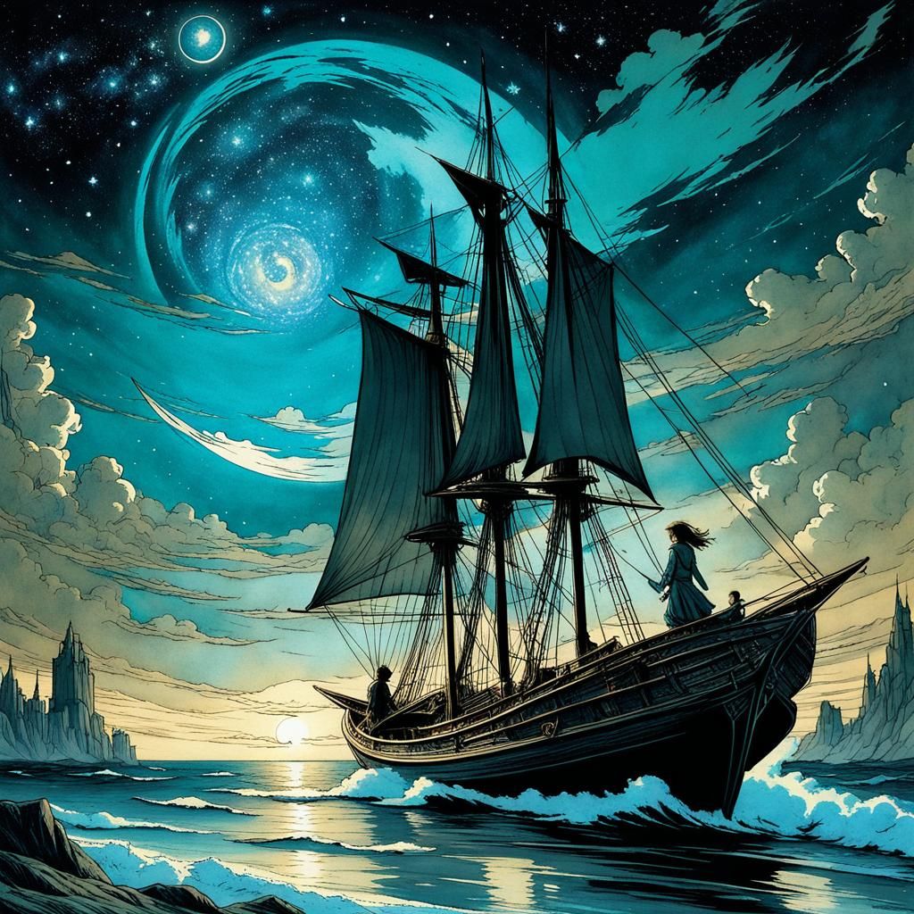 Children Sailing Starry Skies in Rackham Anime Style