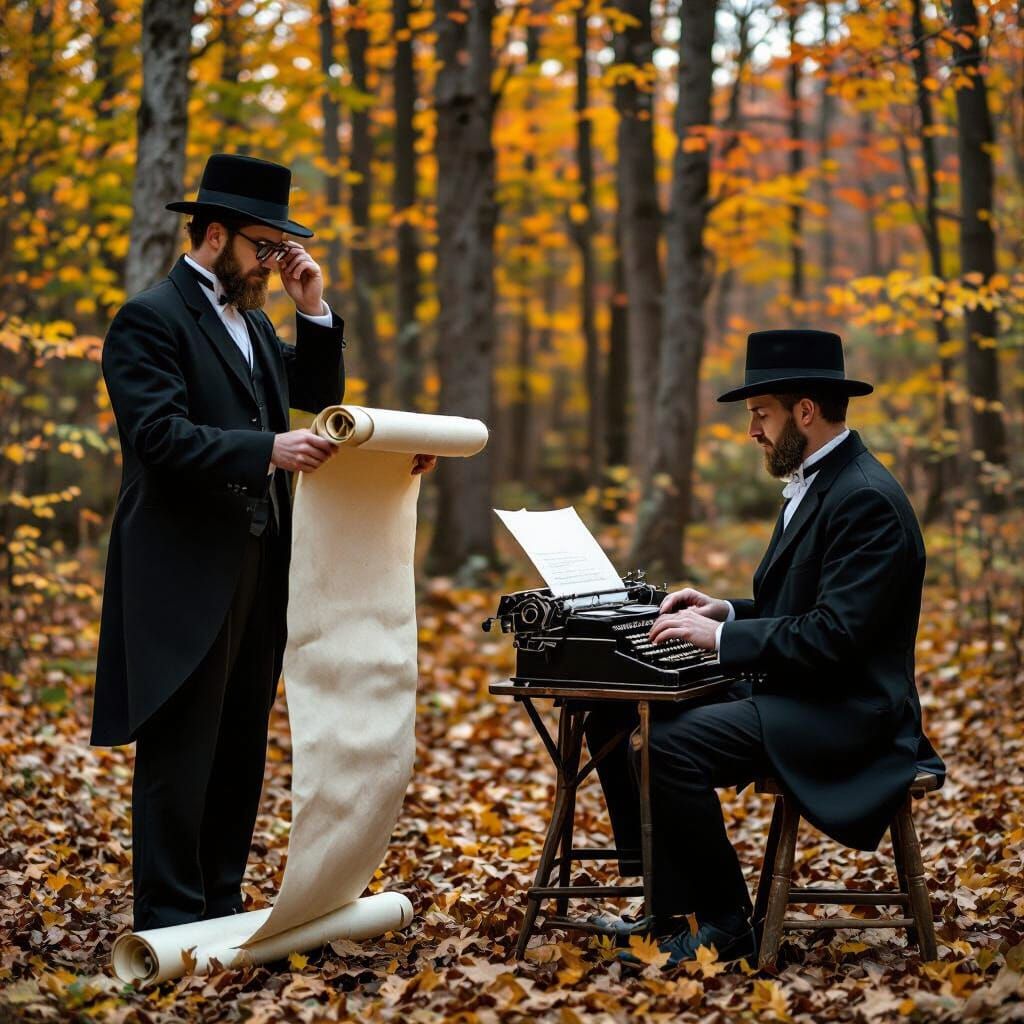 Amish Gentlemen Reading and Typing in Autumn Forest