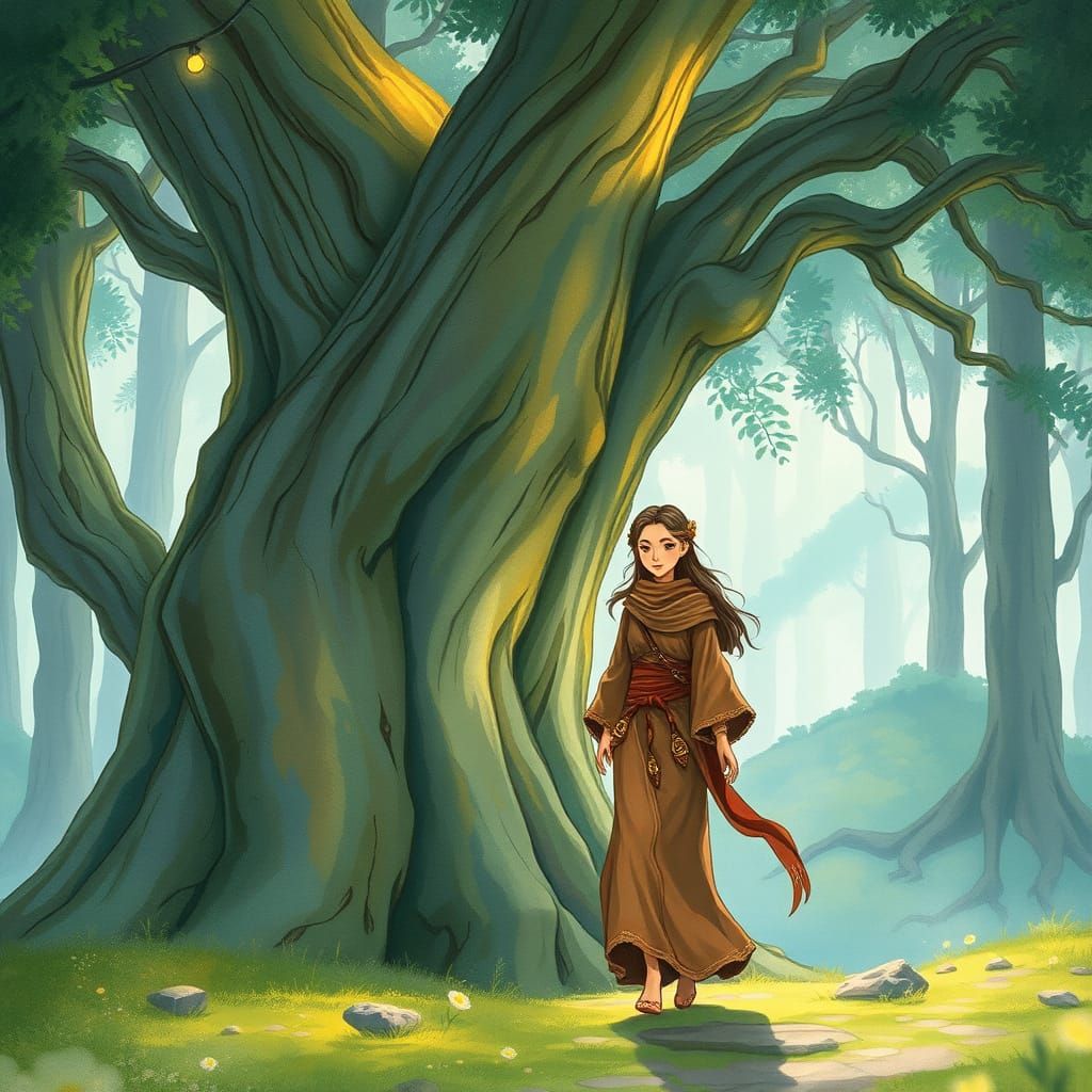 Mystical Woman in Ancient Forest, Watercolor Style