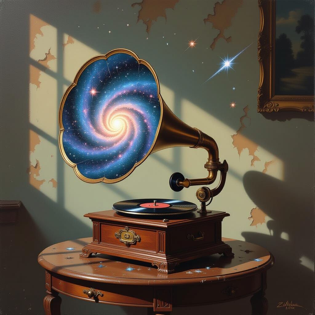 Cosmic Gramophone Emitting Galaxies in Steampunk Surrealism