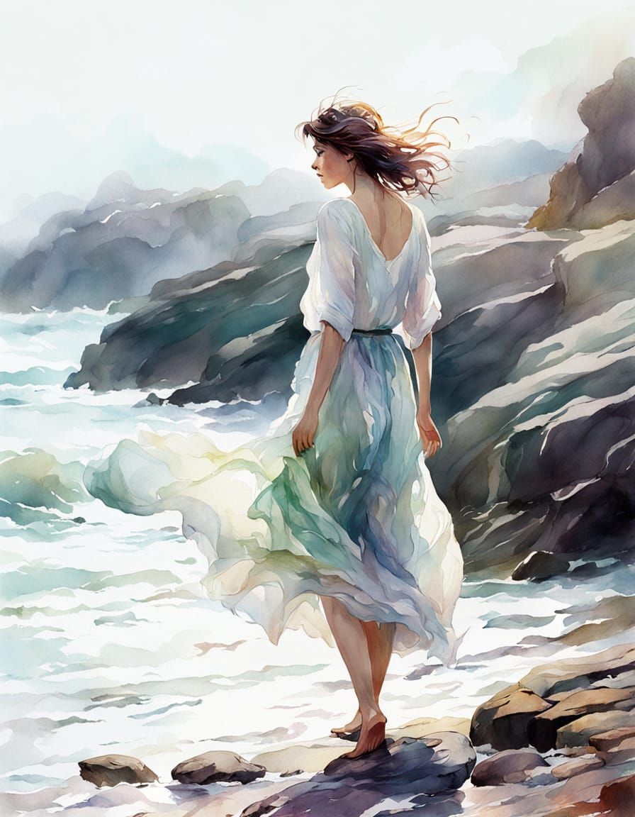 Dreamy Coastal Scene in Watercolor Style