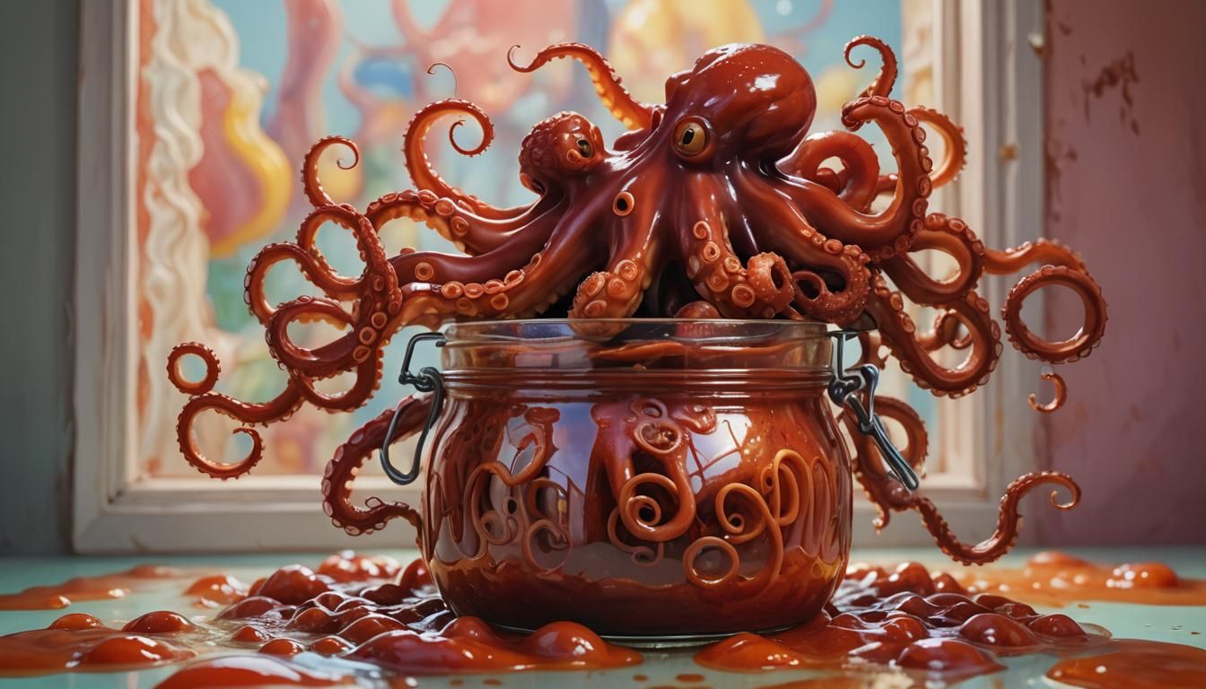 A captivating photograph of a jar of "Octopus Tentacles in T...