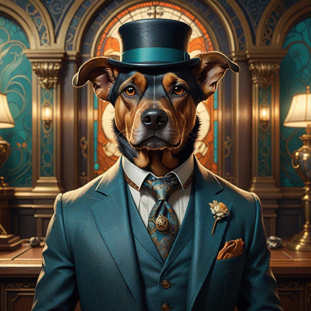 Dapper Dog in Custom Suit and Lavish Art Nouveau Backdrop in...