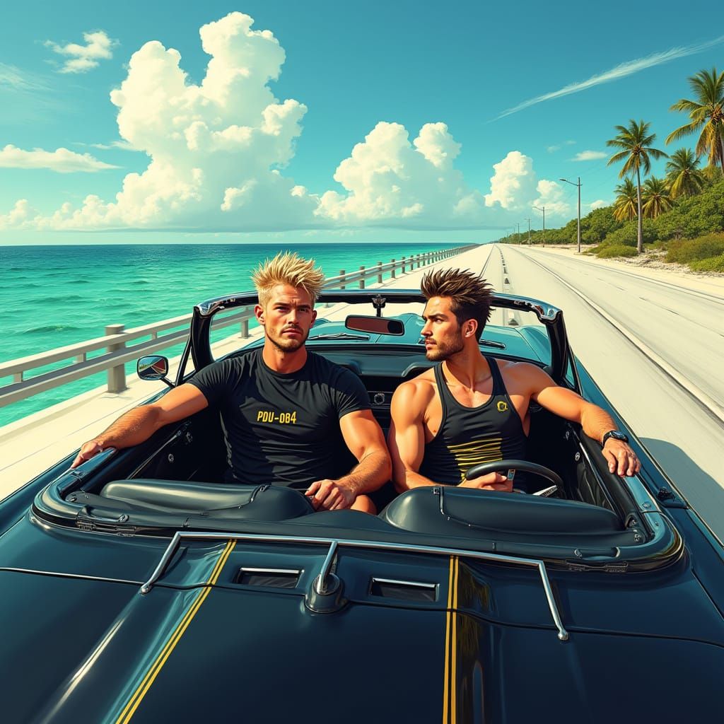 Men Cruising in a Black Mustang Convertible on the 7 Mile Br...