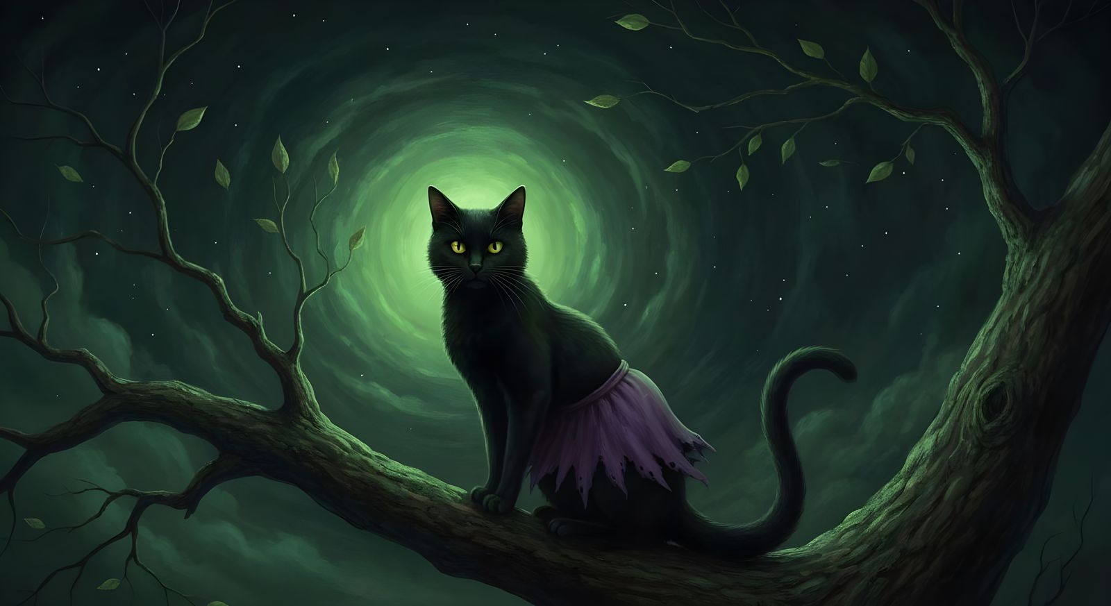 Creepy Black Cat in Purple Skirt Under Dark Sky