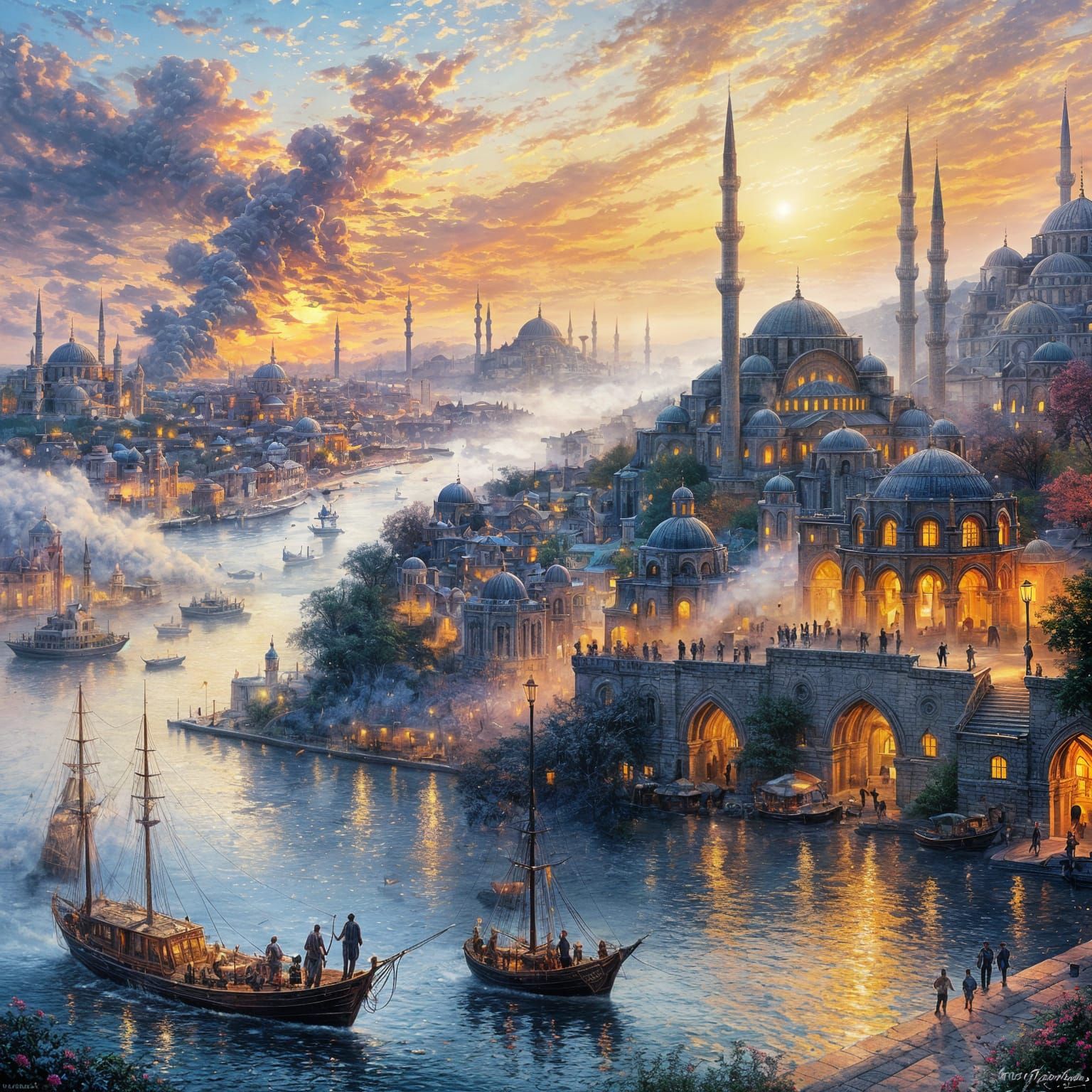 Kissing in Istanbul Sunset: Ethereal Fantasy Art