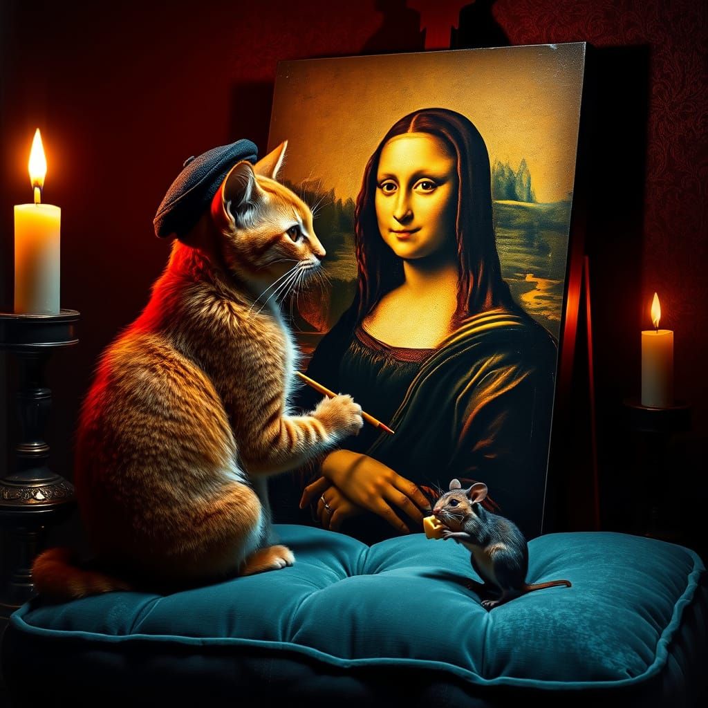Surreal Whimsy: Ginger Cat Artist Adds Final Touches to Dark...