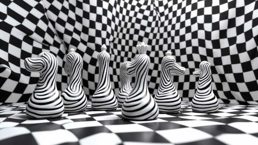 Abstract Chessboard Scene in Geometric Style