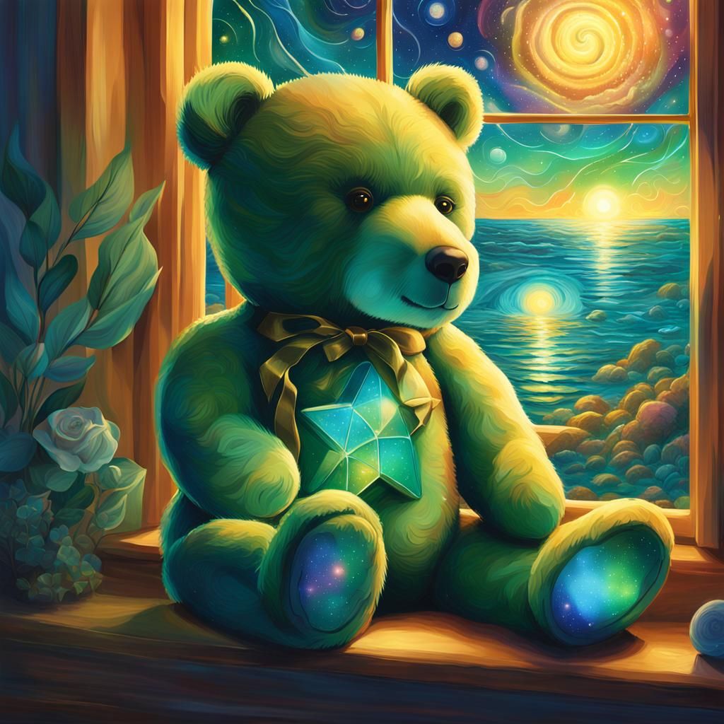 Cosmic Teddy Bear Overlooking a Serene Sea