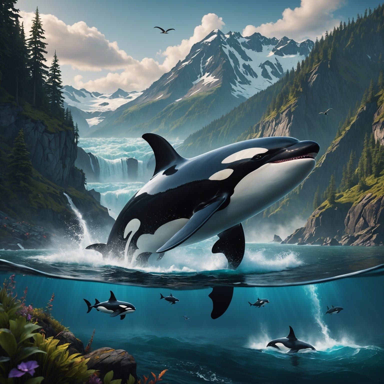 Orca Hunting in Pacific Northwest: Detailed Matte Painting