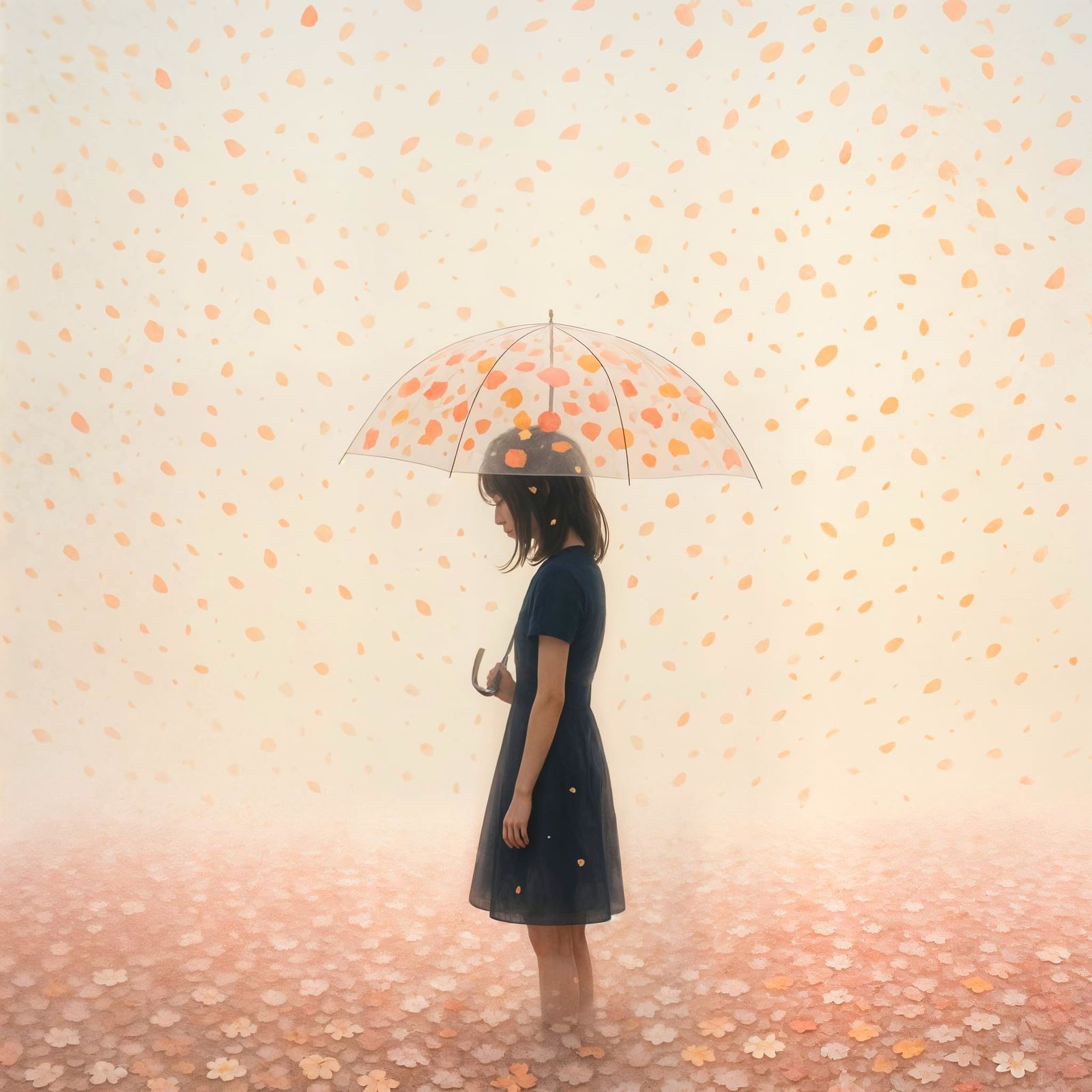 Ethereal Woman in Dreamlike Petal Shower