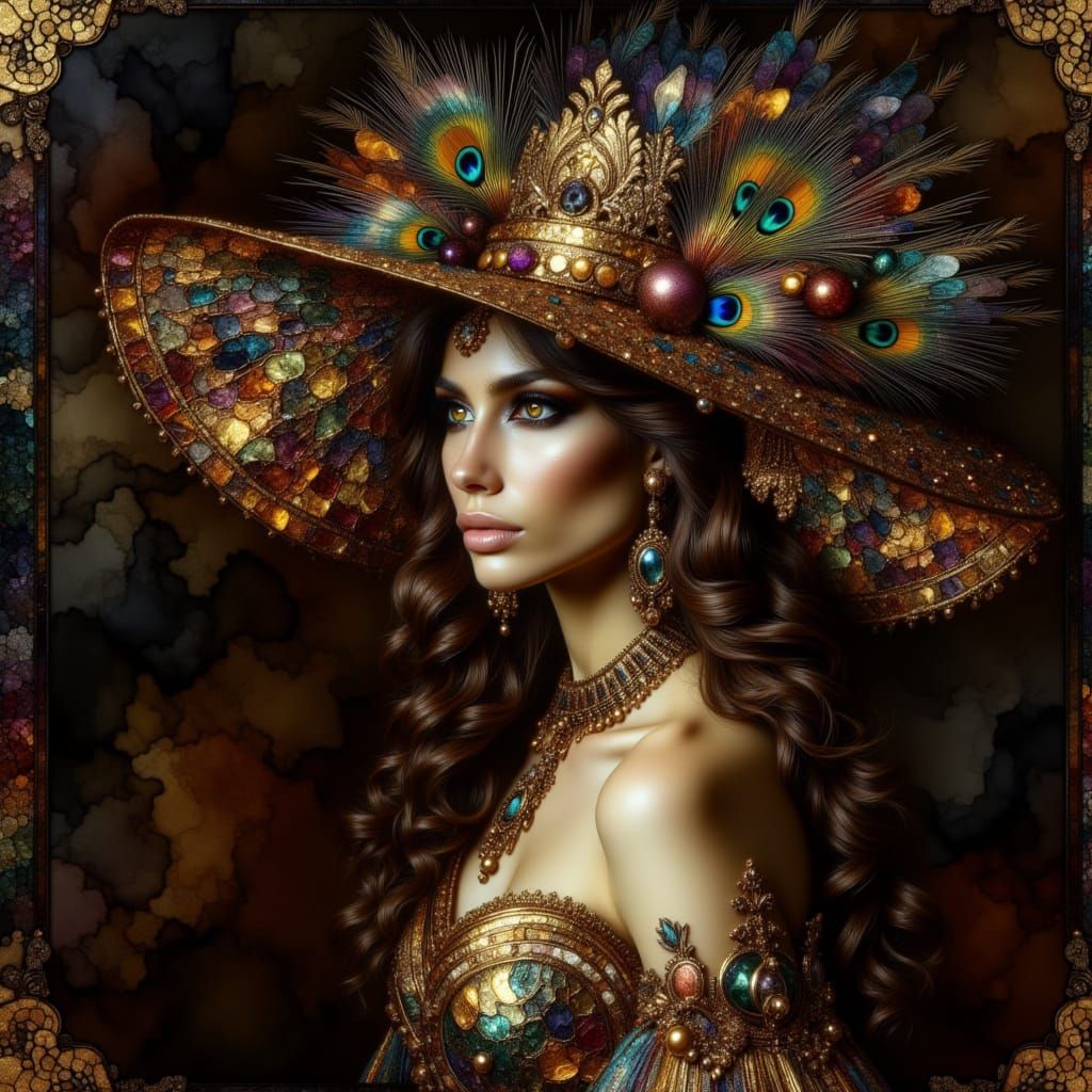 Baroque Woman in Ornate Peacock Feather Hat