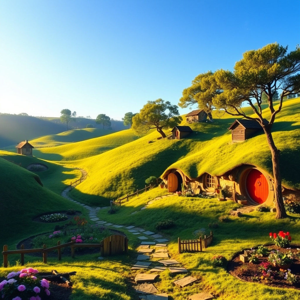 Idyllic Hobbiton Scene with Cozy Hobbit Holes