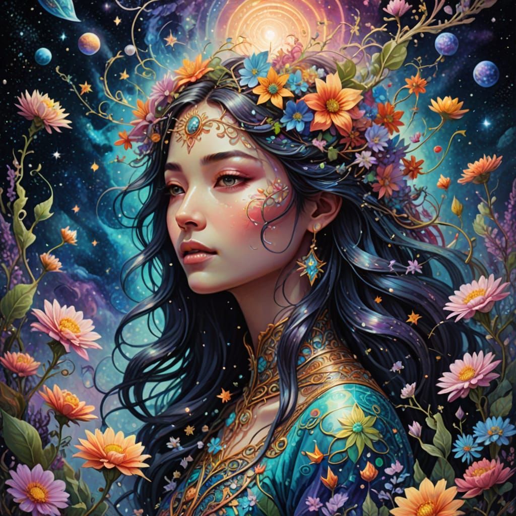 Cosmic Floral Goddess in Vibrant Astral Landscape