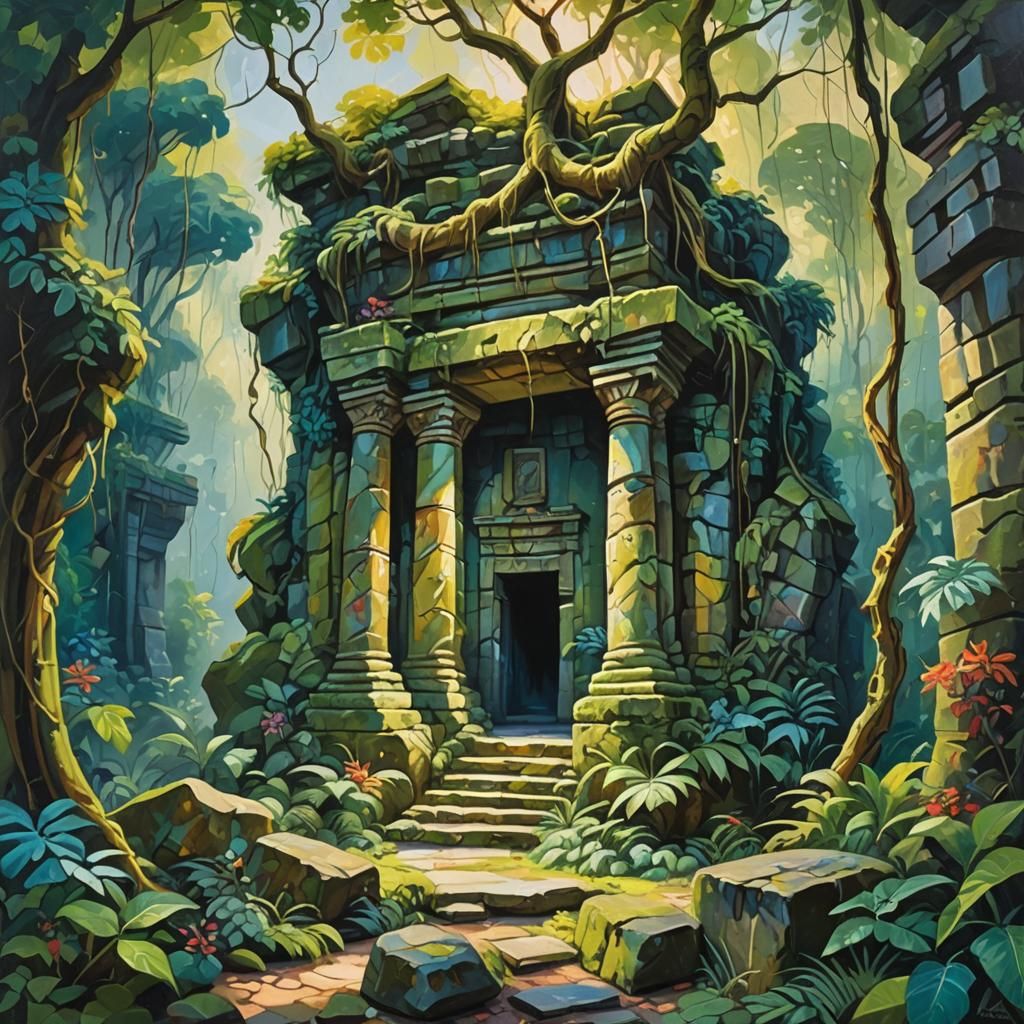 Jungle Temple Oil Painting with Impasto Texture