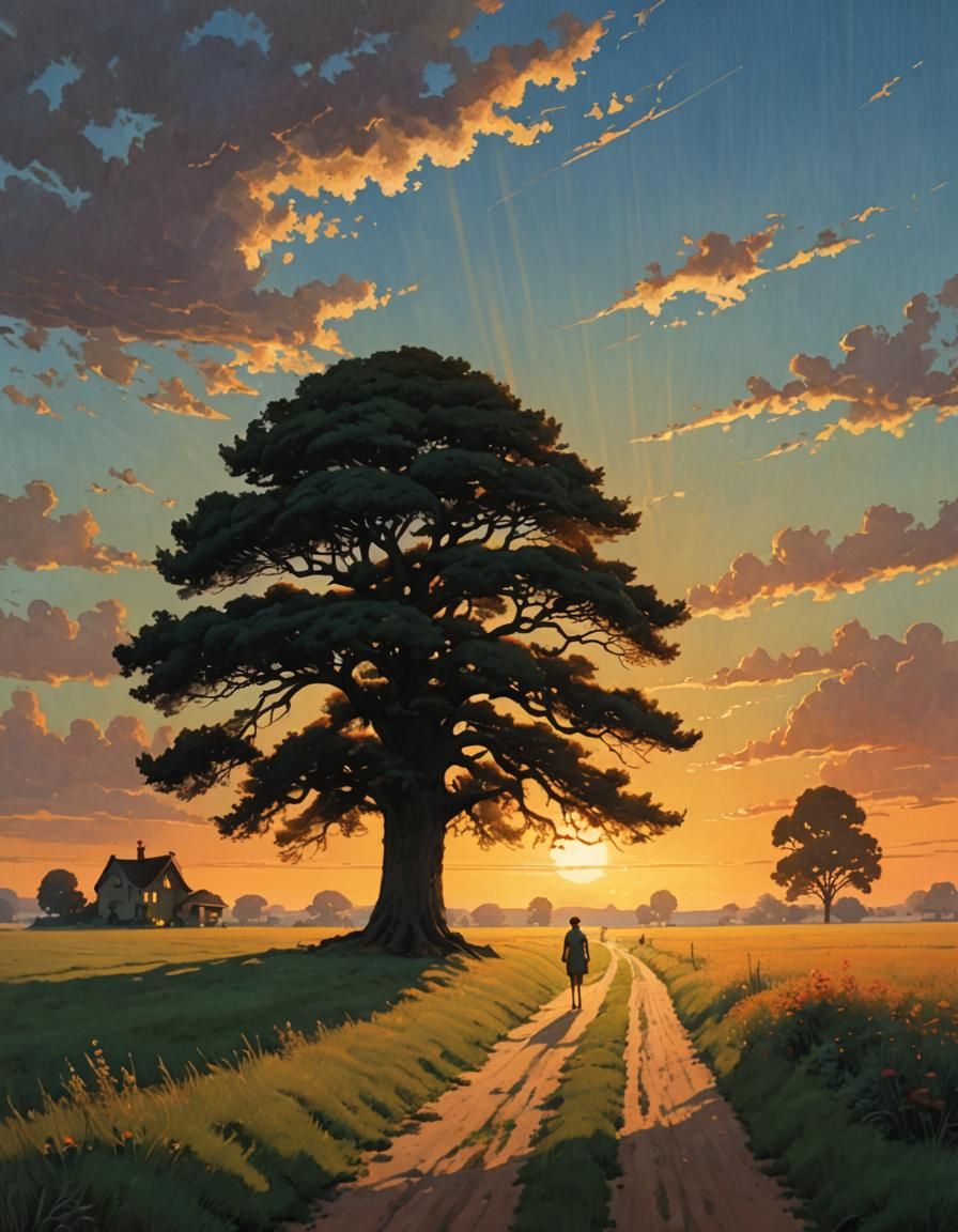 Dark Fantasy Tree at Sunset, Studio Ghibli Style