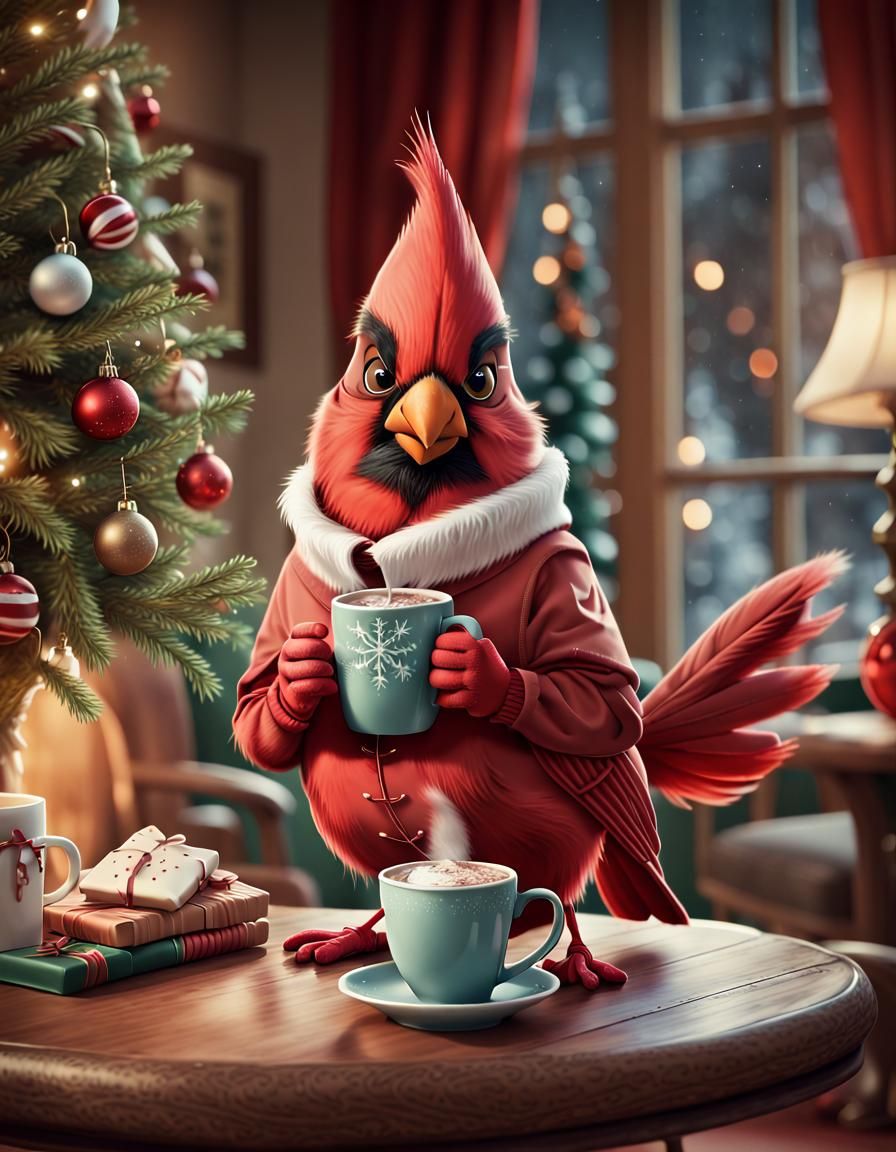 Festive Cardinal Enjoys Christmas Cocoa: Cartoon Illustratio...