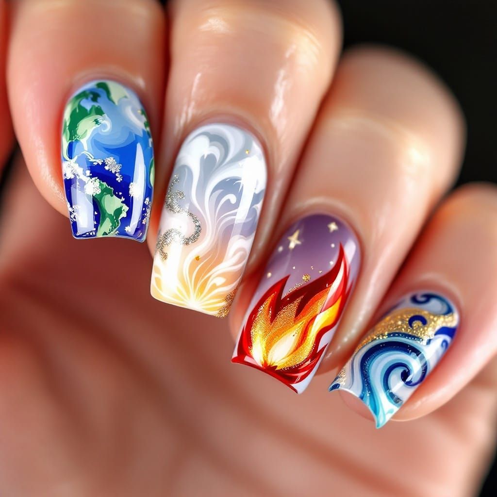 Intricately Designed Elemental Nail Art in Vibrant Hues