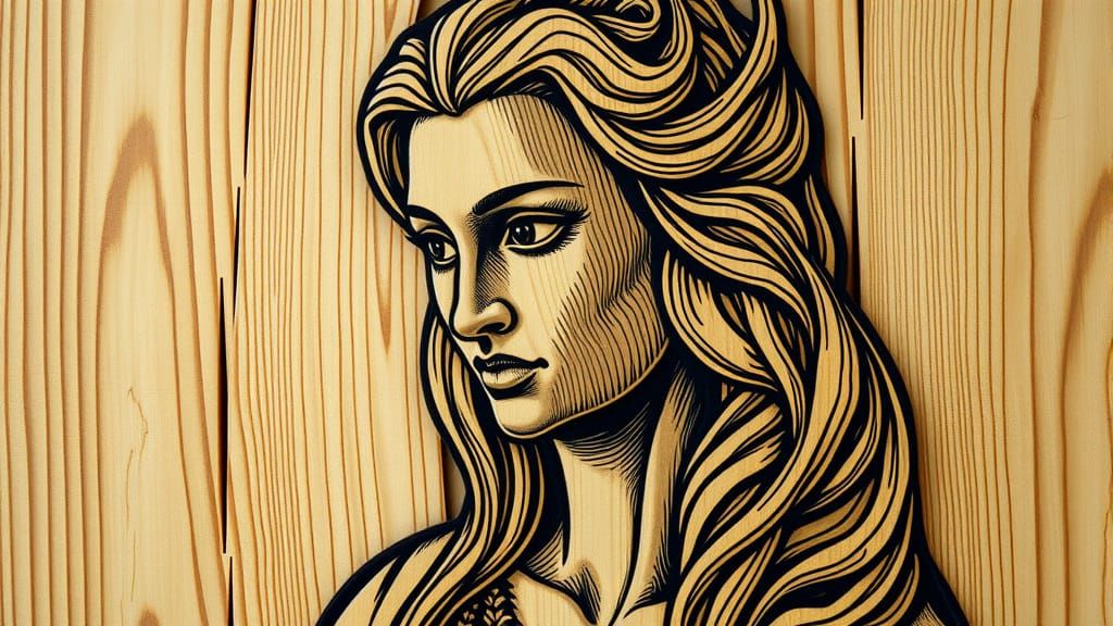 Viking Goddess Freyja Bust in Woodcut Engraving Style