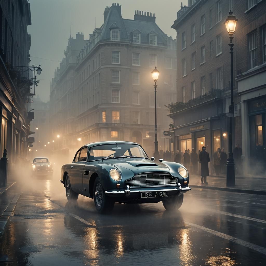 Sean Connery Drives Aston Martin in Foggy London