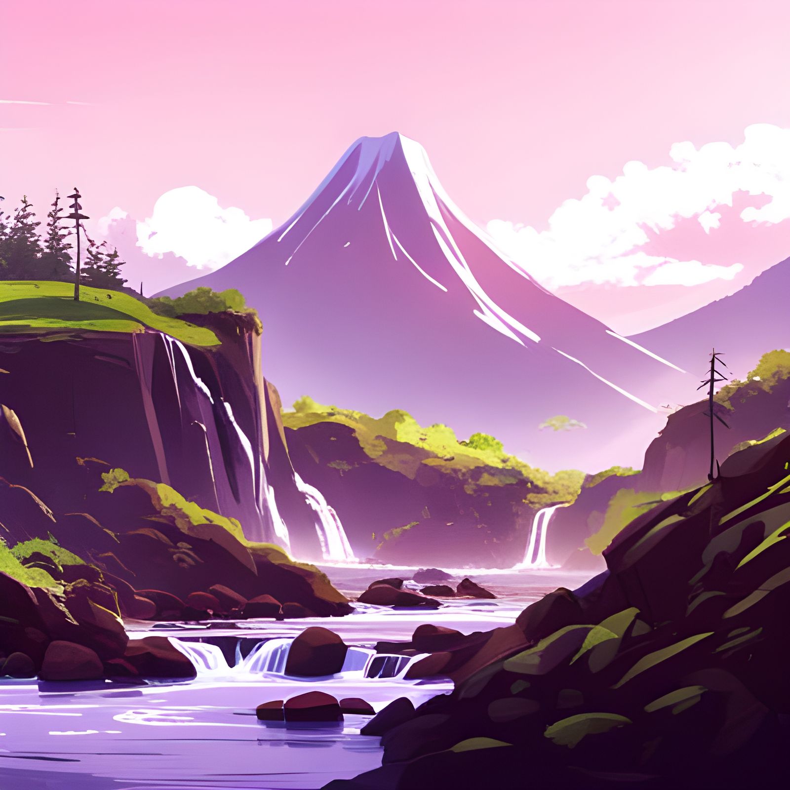 Waterfall and Mountains in Anime Style