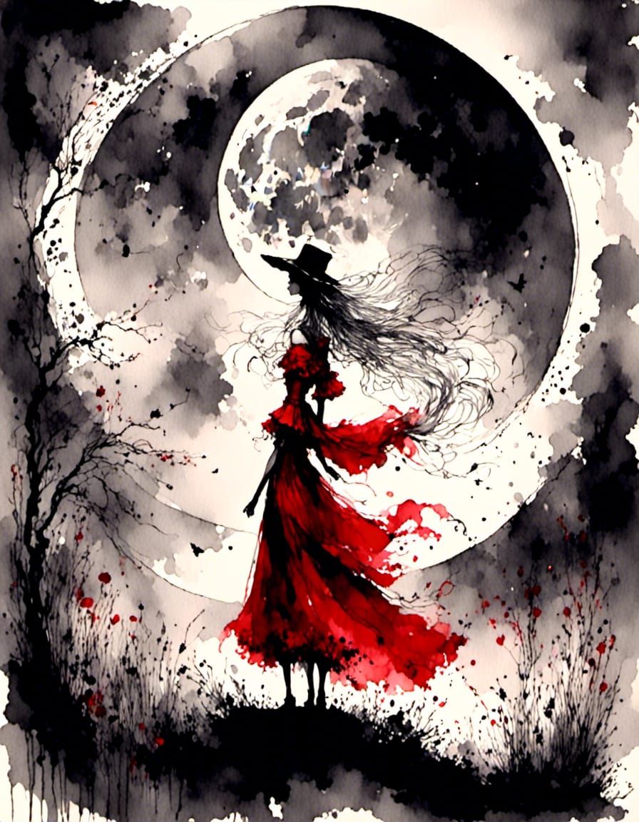 Monochrome Silhouette: Woman in Red Dress