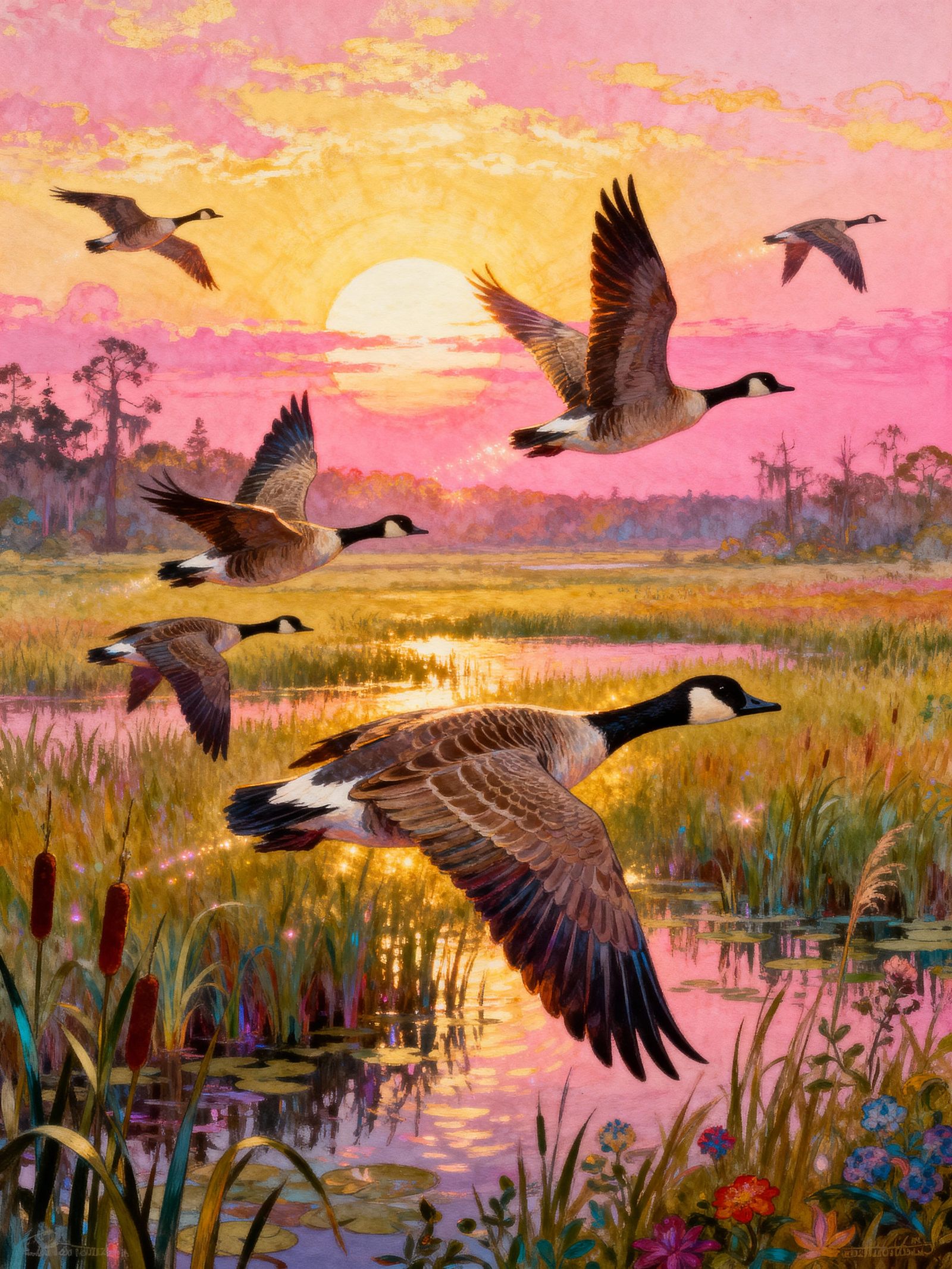 Golden Pink Sunset Over Marsh with Flying Geese