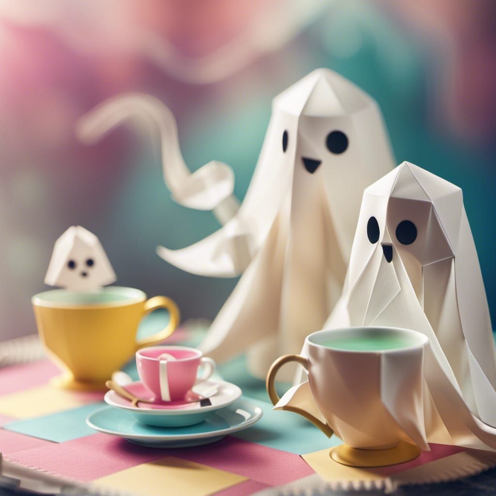 Origami Ghosts Tea Party in Papercraft Style