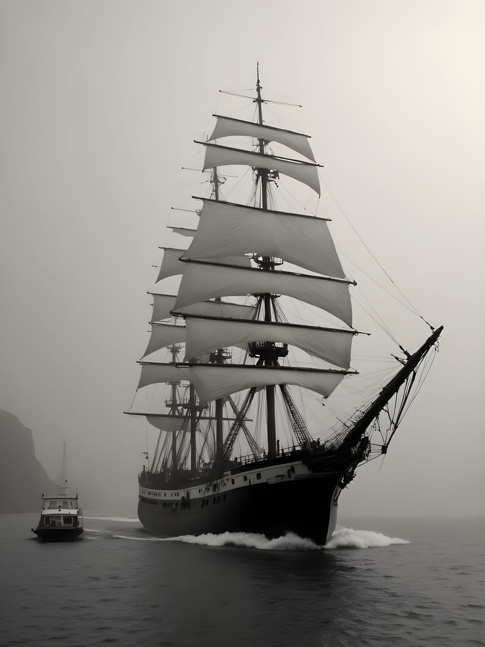 Steampunk Tall Ship Navigating Foggy Coast