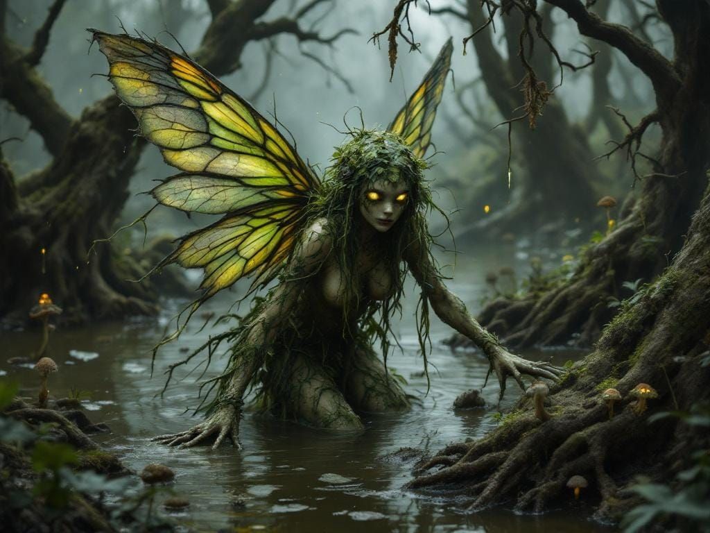 Gothic Swamp Fairy Emerges from Murky Bog