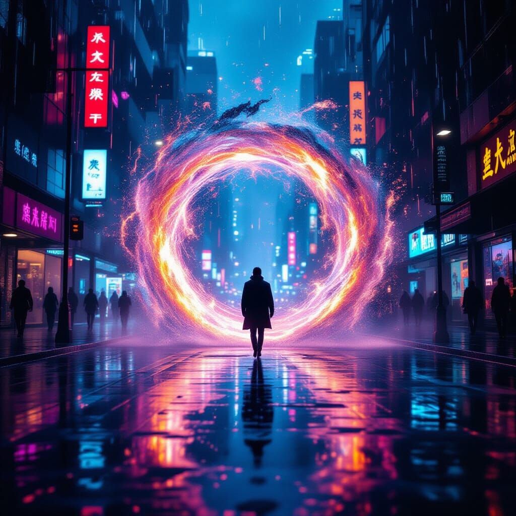 Cyberpunk Portal: Starlight Vortex in Cityscape