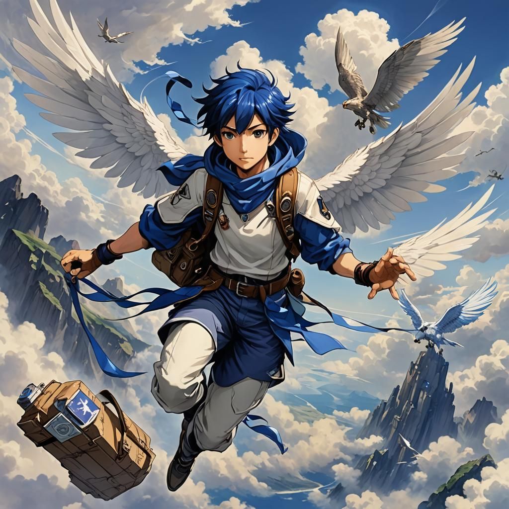 Skyborne Courier on Sapphire Summit: 3D Anime Art