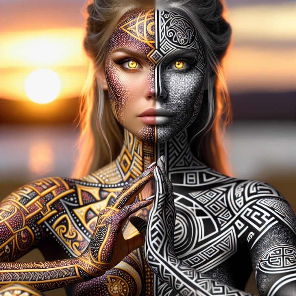 Pointillist Runic Body Art: A Meditative Portrait