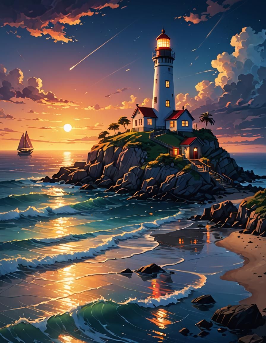 Lighthouse Seascape at Summer Night in Boho Style