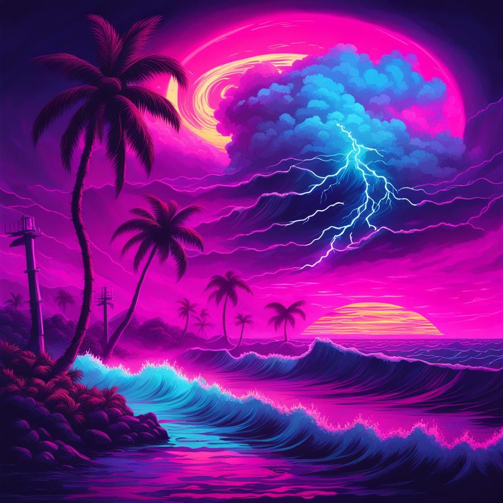 Nature's Fury: Hurricane, Tornado, Tsunami in Synthwave Styl...