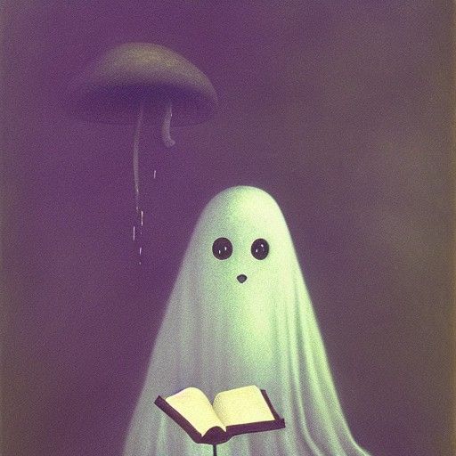 Ghost Reading on Mushroom, Surreal Art Style