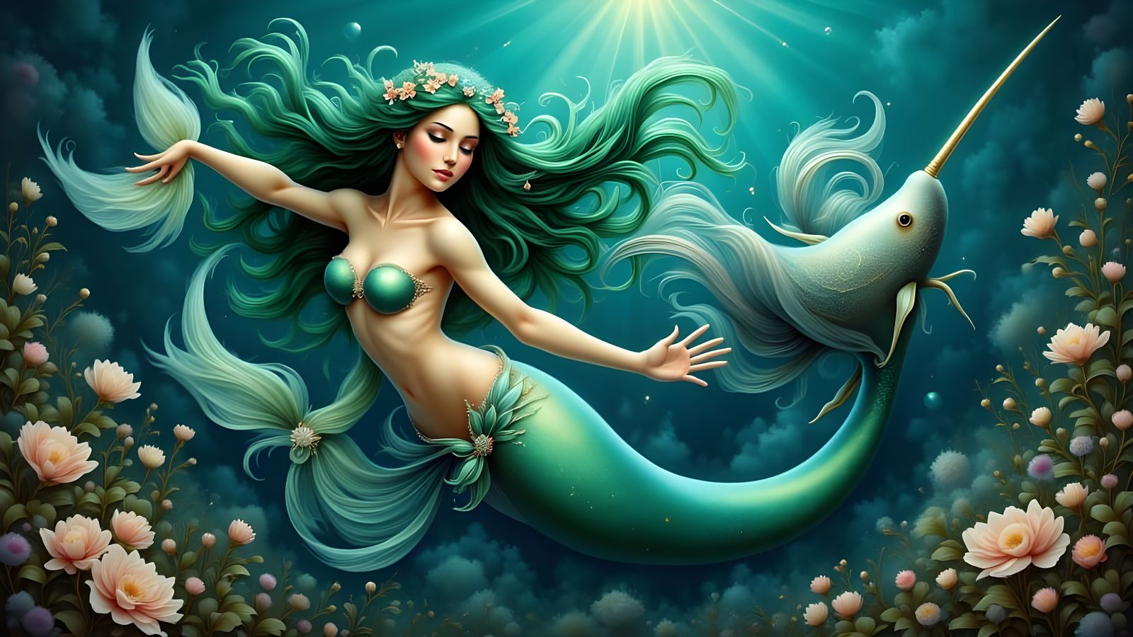 Mermaid and Narwhal Dance in Detailed Oil Painting