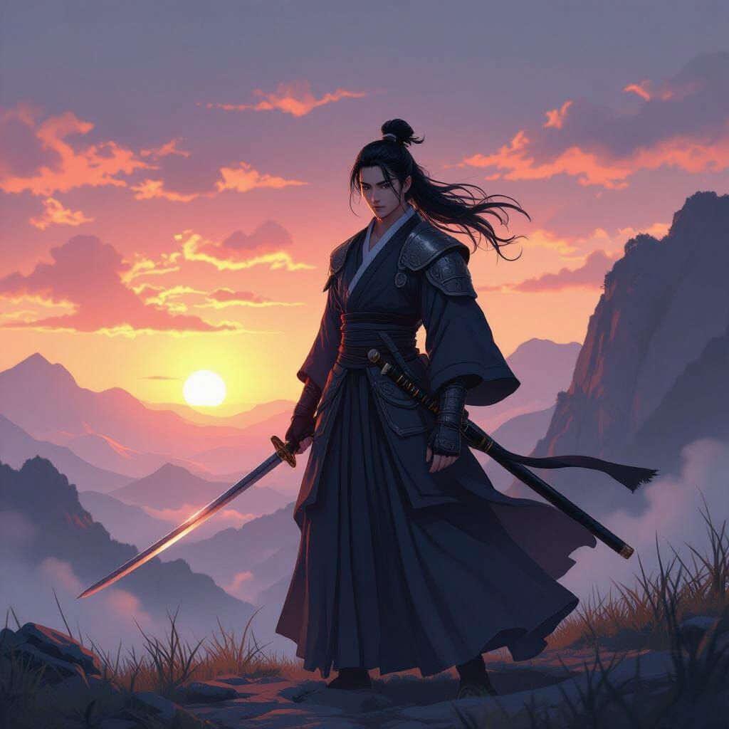 Martial Artist at Sunset in Misty Mountains