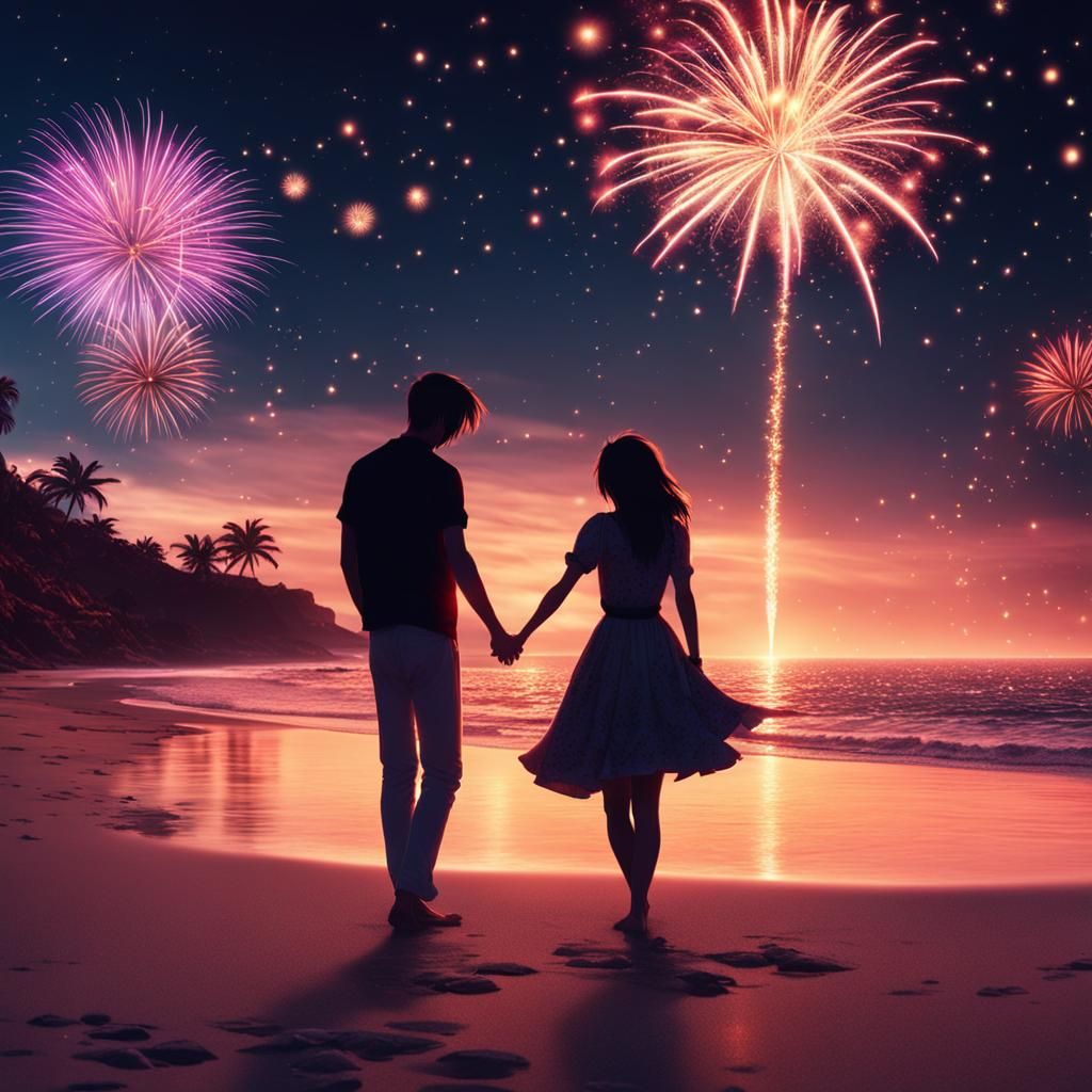 Romantic New Year's Eve Beach Celebration in Anime Style
