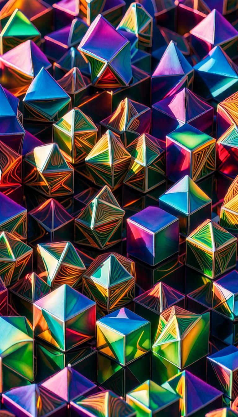 Iridescent Platonic Solids on Op-Art Background