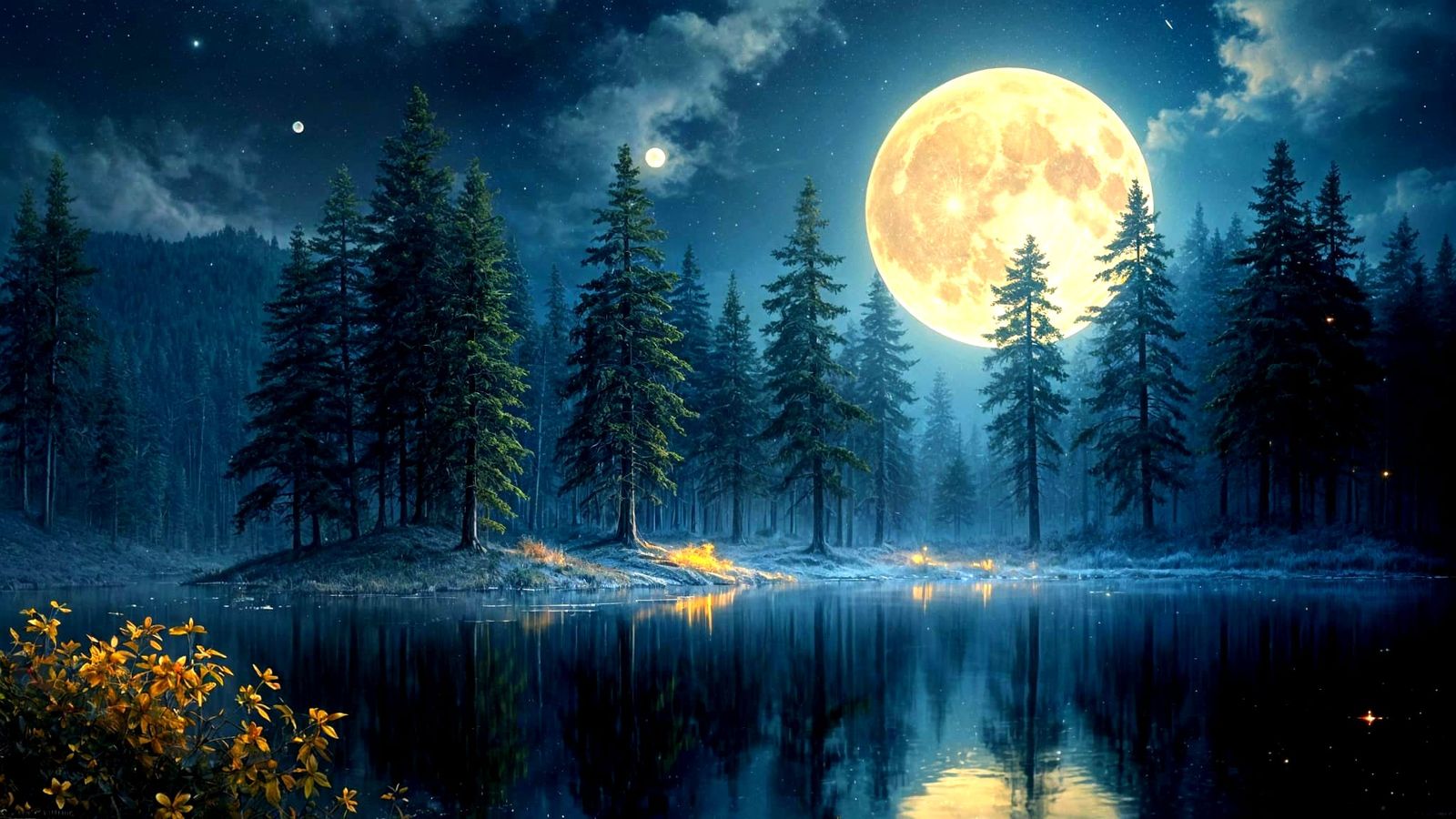 Ethereal Moonlit Pond: Hyper-Realistic Oil Painting