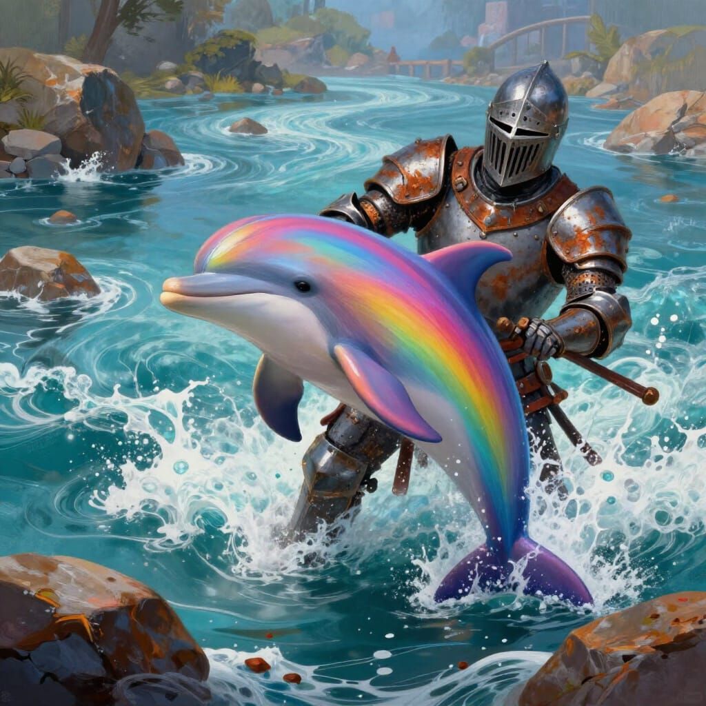 Rainbow Dolphin Rides Knight Through Raging River