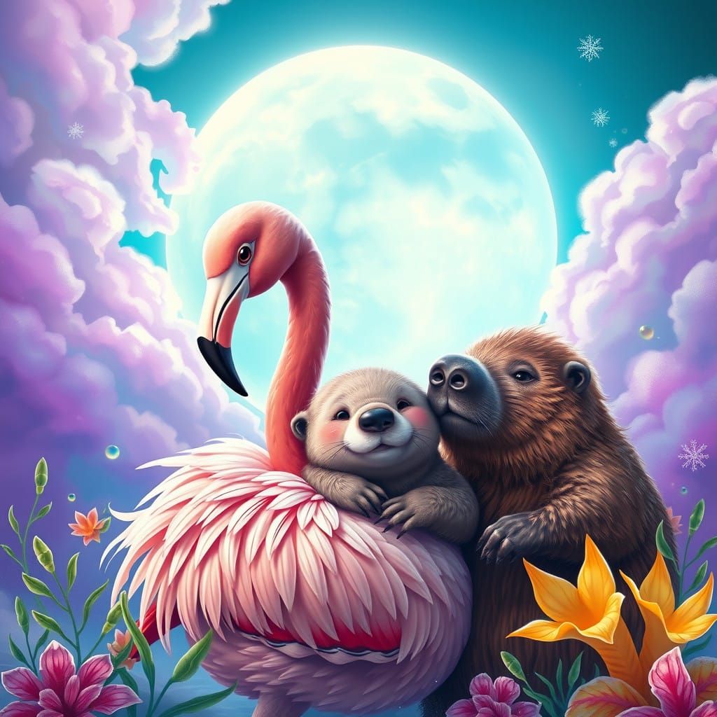 Whimsical Trio Embracing in a Dreamy, Iridescent Landscape