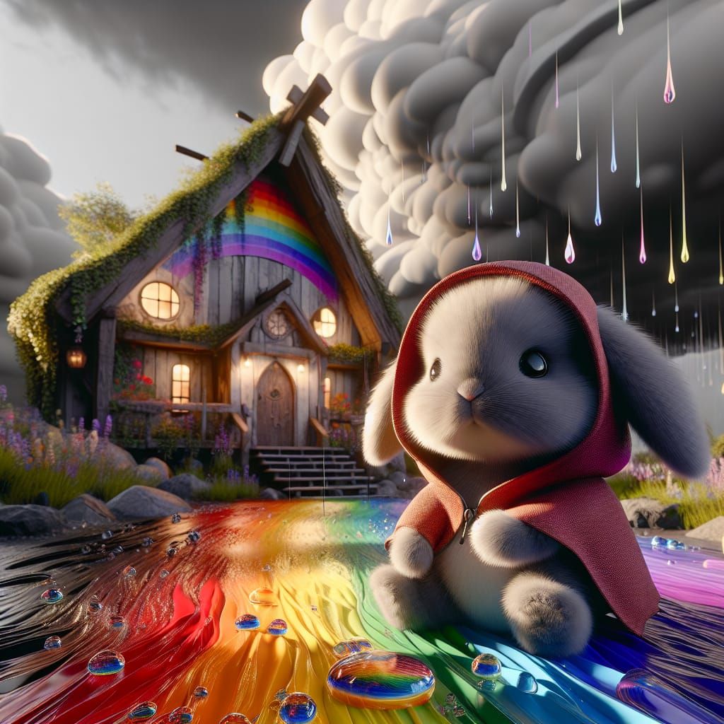 Chibi Rabbit in Rainwear at Mushroom House