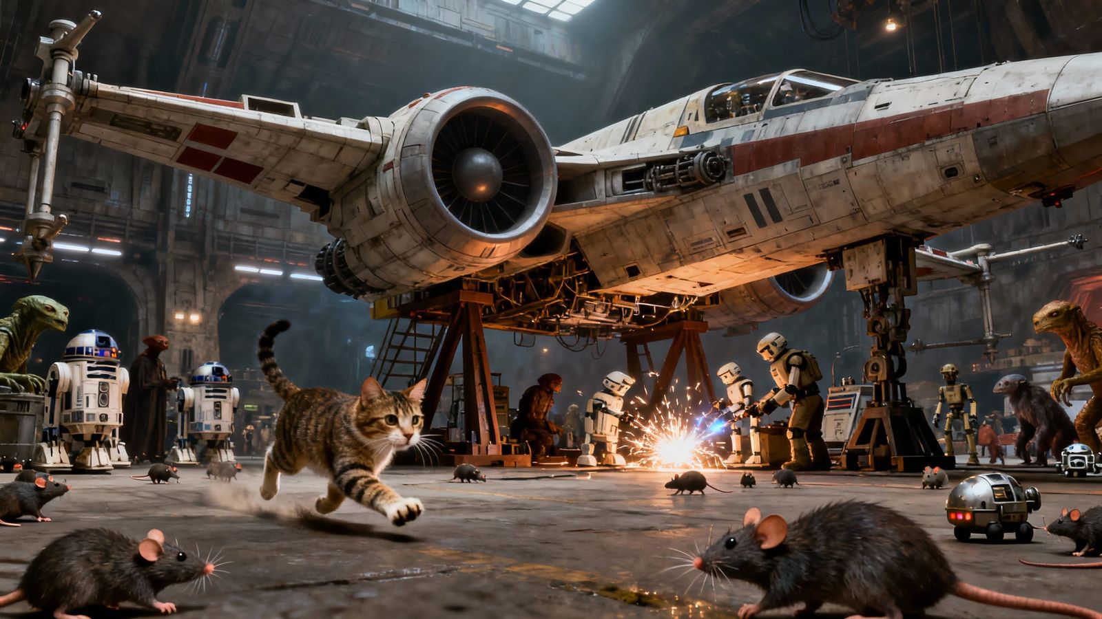 Cat Chases Rats in Star Wars Docking Bay with X-Wing