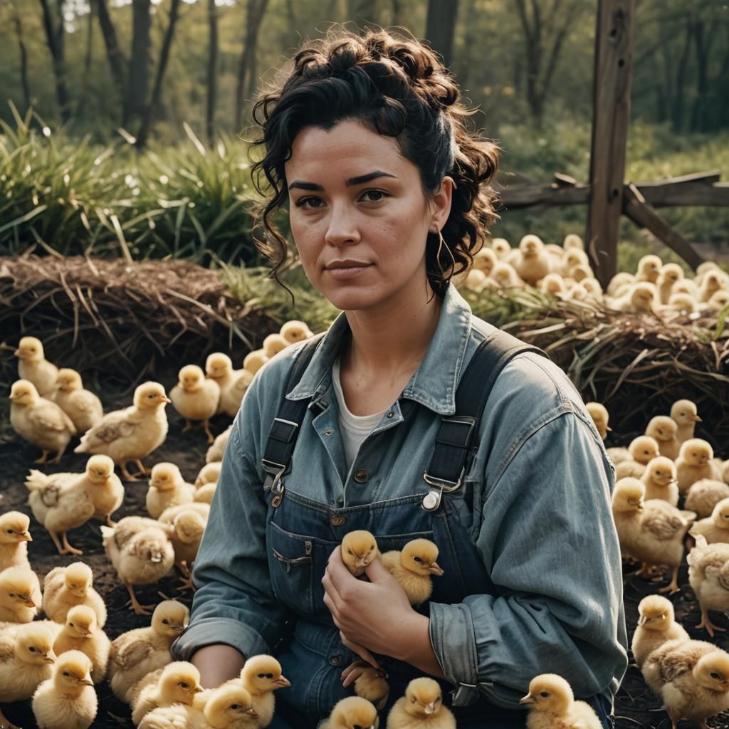 Woman Cuddling Chicks: Cinematic Film Still