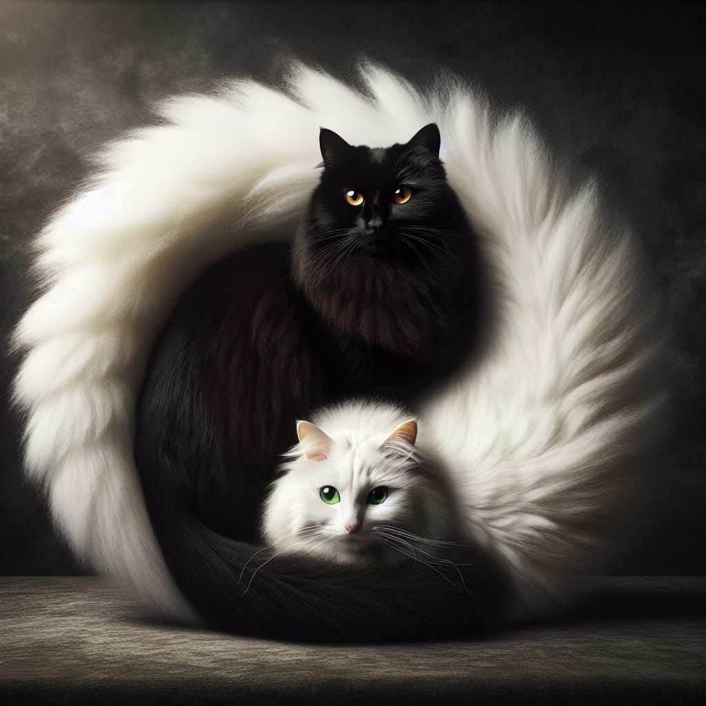 Yin Yang Cats: Velvety Black and Fluffy White Felines Entwin...