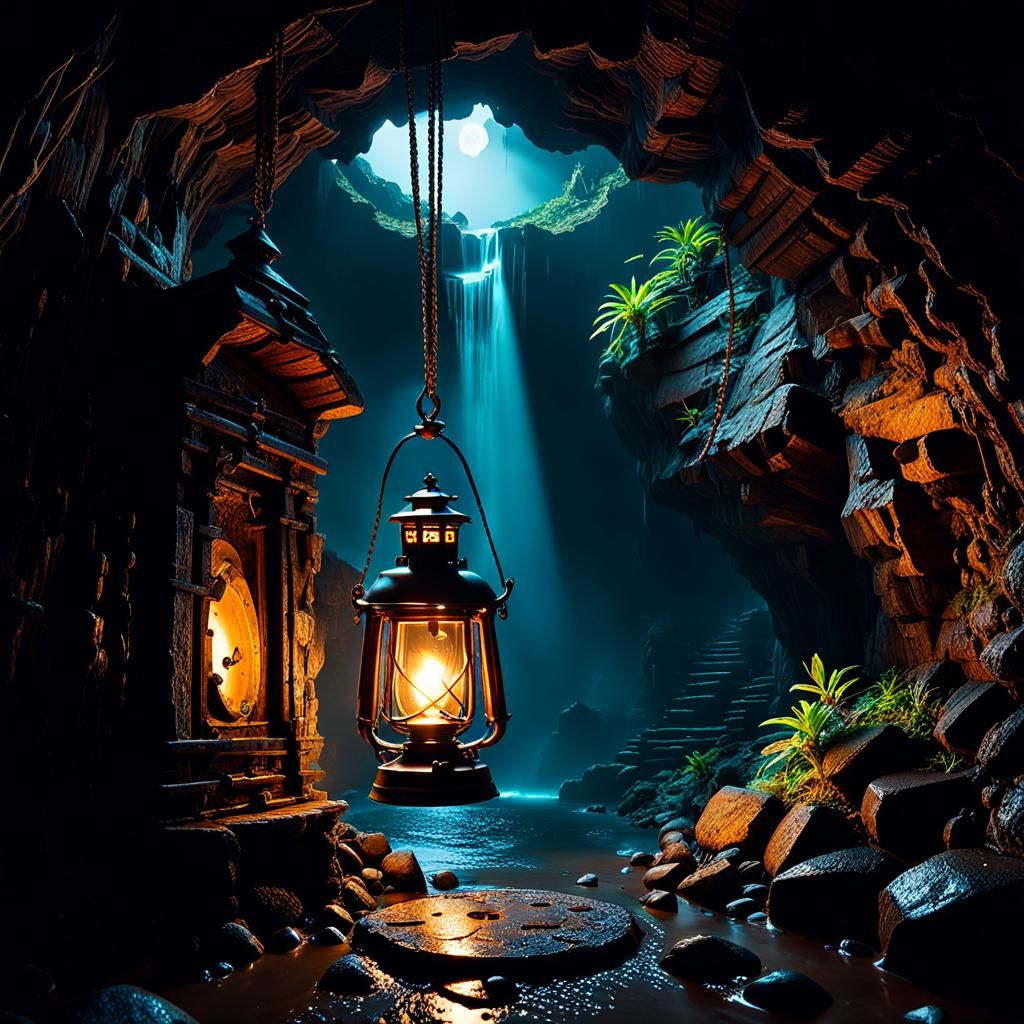 Cyberpunk Pirate Treasure in a Dark Cave