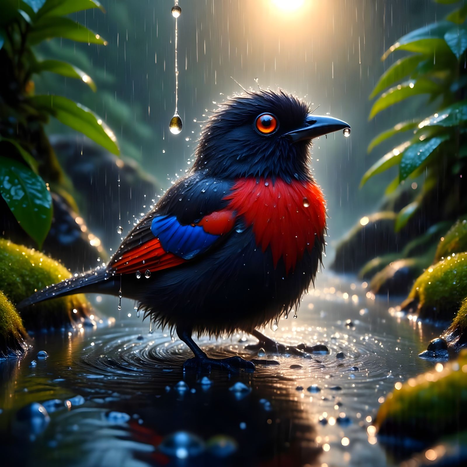 Scarlet-Bellied Tanager Splashing in Puddle During Golden Ho...